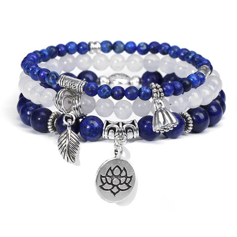 Deep blue Lapis Lazuli and White Agate real gemstone bead bracelet bracelet with silver charms