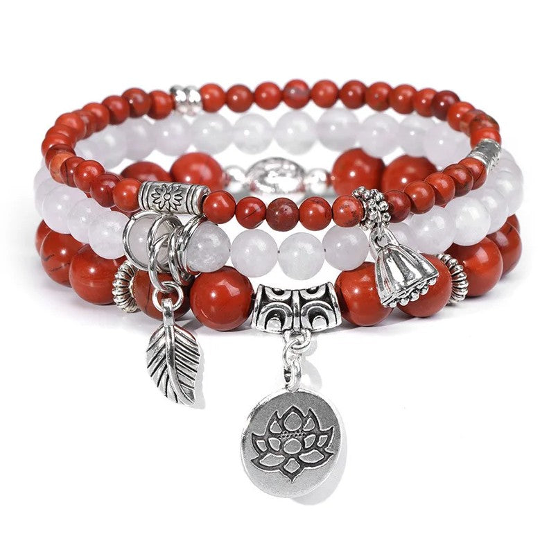 Golden Red Sandstone and White Agate Natural Stone Stack Bracelet with Silver Flower Charms