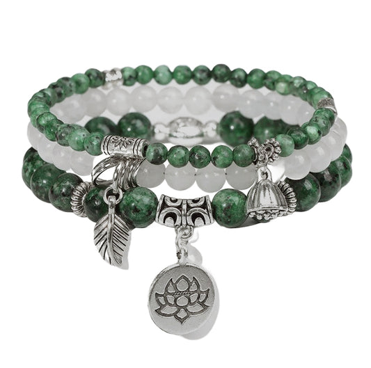 Green Marble and White Agate Natural Stone Stack Bracelet with Silver Flower Charms